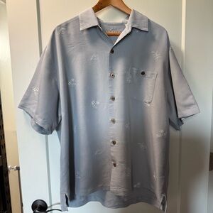 Carribean‎ Men's Embroidered Floral Hawaiian Shirt Rayon Blend Dusty Blue Casual